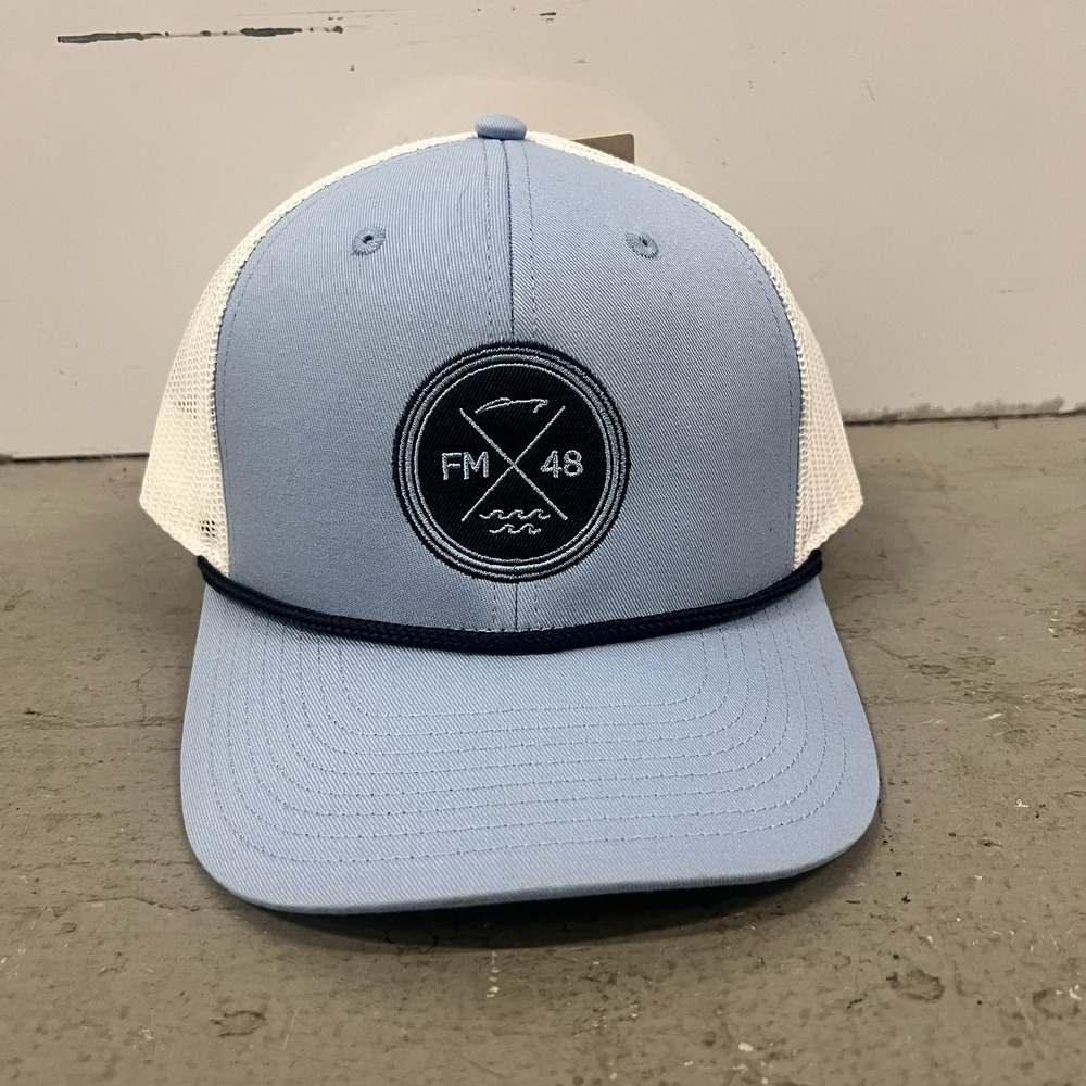 The Game FM48 Trucker Hat Blue White Mesh Snapback Fishing Outdoor Cap